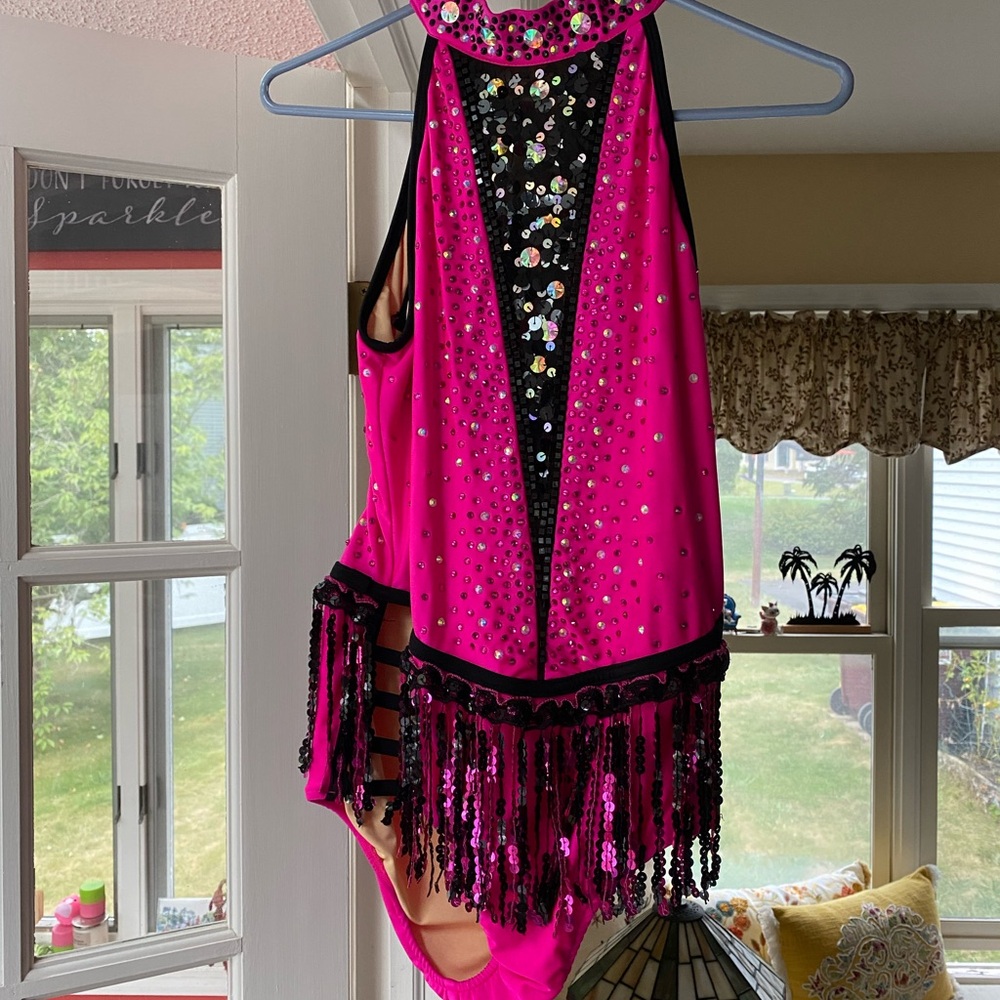 Glamour Pink Dance Costume with Black Fringe